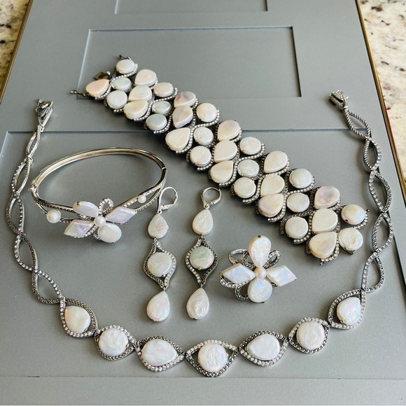 JUDITH JACK 3 ROW WIDE PANEL PEARL, MARCASITE, CZ STERLING SILVER BRACEL… - Picture 11 of 12